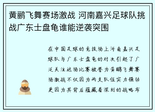 黄鹂飞舞赛场激战 河南嘉兴足球队挑战广东士盘龟谁能逆袭突围