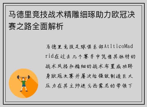 马德里竞技战术精雕细琢助力欧冠决赛之路全面解析