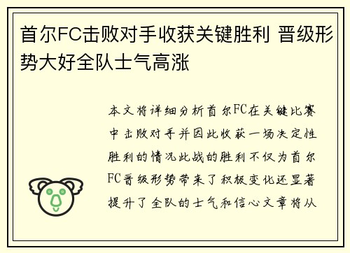 首尔FC击败对手收获关键胜利 晋级形势大好全队士气高涨