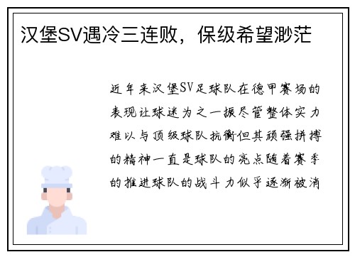 汉堡SV遇冷三连败，保级希望渺茫