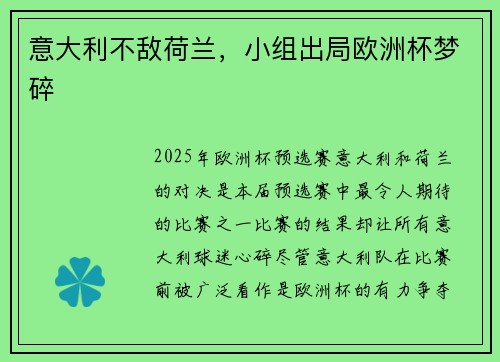 意大利不敌荷兰，小组出局欧洲杯梦碎